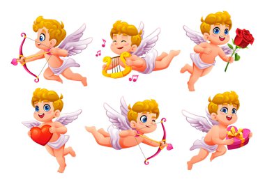 Sevimli çizgi film karakterleri çeşitli pozlarda kalp, yay, arp, hediye ve gül ile. Vektör çizgi film illüstrasyonu