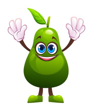 İki eli havada, gülümseyen ve heyecanlı neşeli bir avokado karakteri. Vektör çizgi film illüstrasyonu