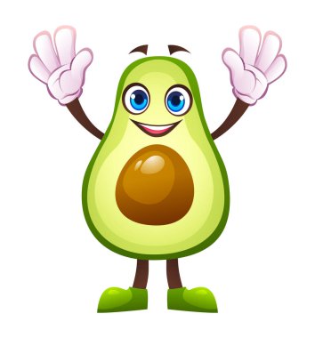 Avokado karakteri heyecanla el kaldırıyor. Vektör çizgi film illüstrasyonu