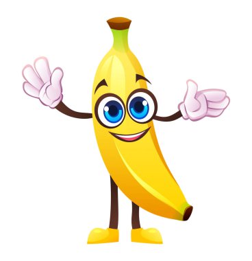 Kolları açık neşeli bir muz karakteri. Vektör çizgi film illüstrasyonu