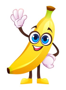 Şirin muz karakteri mutlu bir şekilde el sallıyor. Vektör çizgi film illüstrasyonu