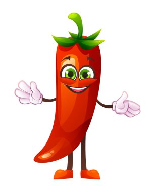 Kolları açık, hoş ve neşeli, sevimli bir kırmızı biber karakteri. Vektör çizgi film illüstrasyonu