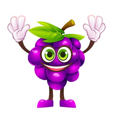 Üzüm karakteri elini kaldırıyor, heyecan dolu. Vektör çizgi film illüstrasyonu