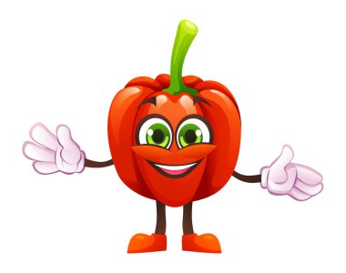 Sevimli dolmalık biber karakteri, kolları açık, misafirperver ve neşeli. Vektör çizgi film illüstrasyonu