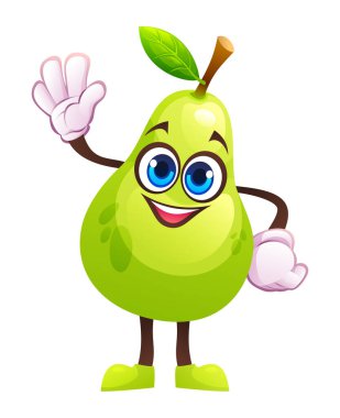 Sevimli armut karakteri mutlu bir şekilde el sallıyor. Vektör çizgi film illüstrasyonu