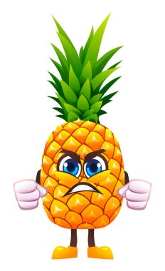 Yumruklarını sıkmış sinirli ananas karakteri hayal kırıklığını ifade ediyor. Vektör çizgi film illüstrasyonu