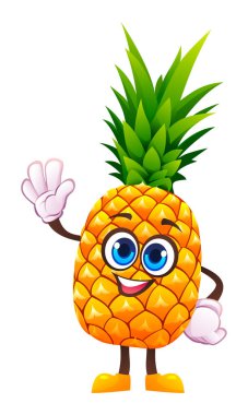 Sevimli ananas karakteri mutlu bir şekilde el sallıyor. Vektör çizgi film illüstrasyonu