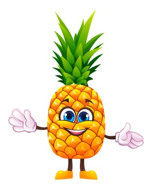 Kolları açık, misafirperver ve neşeli sevimli bir ananas karakteri. Vektör çizgi film illüstrasyonu