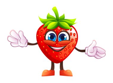 Kolları açık, misafirperver ve neşeli şirin bir çilek karakteri. Vektör çizgi film illüstrasyonu