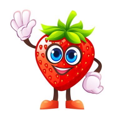 Sevimli çilek karakteri mutlu bir şekilde el sallıyor. Vektör çizgi film illüstrasyonu