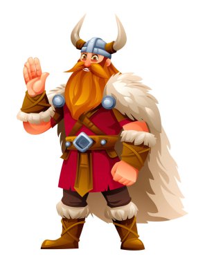 Kırmızı tunik, kürk ve boynuzlu, el sallayan Viking karakteri. Vektör çizgi film illüstrasyonu