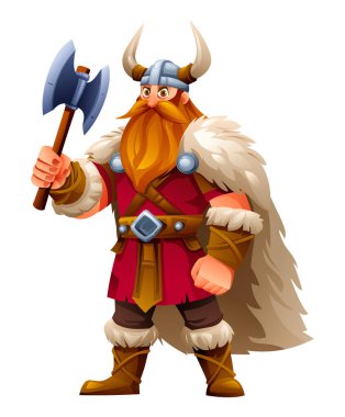 Kırmızı tunik, kürk ve boynuzlu bir balta tutan Viking karakteri. Vektör çizgi film illüstrasyonu
