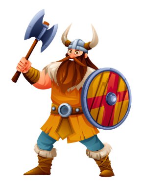 Giysisi, baltası ve kalkanı olan Viking karakteri hareket halinde. Vektör çizgi film illüstrasyonu