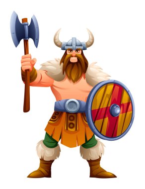 Savaş duruşu baltalı ve kalkanlı Viking karakteri. Vektör çizgi film illüstrasyonu