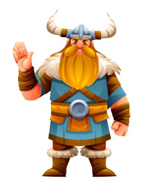 Viking karakteri el sallıyor. Vektör çizgi film illüstrasyonu