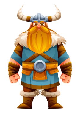 Tunik, kürk ve boynuzlu Viking karakteri gururla ayakta duruyor. Vektör çizgi film illüstrasyonu
