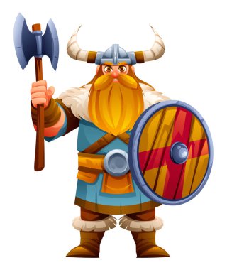Baltalı ve kalkanlı Viking karakteri, savaşa hazır. Vektör çizgi film illüstrasyonu