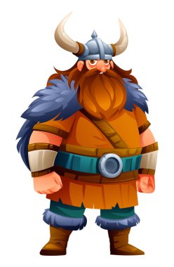 Viking karakteri gururla duruyor tunik, kürk ve boynuzlarıyla. Vektör çizgi film illüstrasyonu