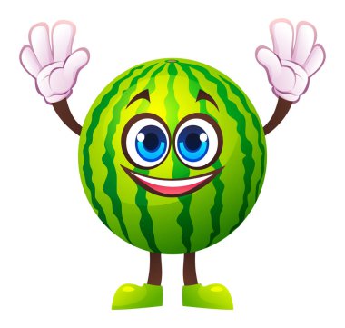 Karpuz karakteri heyecanla el kaldırıyor. Vektör çizgi film illüstrasyonu