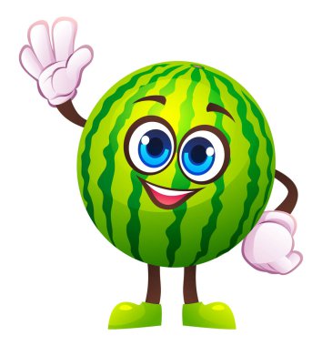 Sevimli karpuz karakteri mutlu bir şekilde el sallıyor. Vektör çizgi film illüstrasyonu