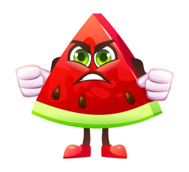 Kızgın karpuz dilimleme karakteri yumruklarını sıkmış, hayal kırıklığını ifade ediyor. Vektör karikatür çizimi beyaz arkaplanda izole edildi