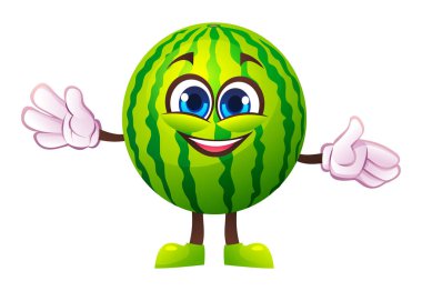 Sevimli karpuz karakteri, kolları açık, misafirperver ve neşeli. Vektör çizgi film illüstrasyonu