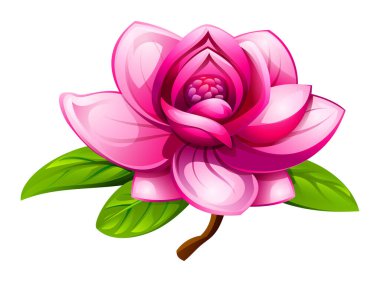 Yapraklarla çiçek açmış pembe manolya çiçeği. Vektör karikatür çizimi beyaz arkaplanda izole edildi