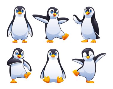 Dans ve zıplama, neşe ve ifade dolu, neşeli ve enerjik pozlar veren bir grup sevimli penguen. Vektör çizgi film illüstrasyonu.