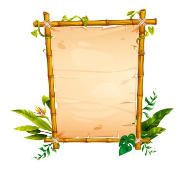 Boş bir parşömeni çevreleyen tropikal bitki ve sarmaşıklarla doğal bambu çerçevesi orman temalı projeler için mükemmel. Vektör çizgi film illüstrasyonu