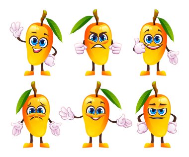 Farklı duyguları olan, jestler ve yüz ifadeleri gösteren bir dizi mango karakteri. Vektör çizgi film illüstrasyonu