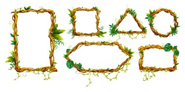 Çeşitli şekillerde ve botanik elementlerle doğal liana sarmaşık çerçevesi tasarımları. Doğa temalı ya da kırsal tasarım projeleri için ideal. Vektör çizgi film illüstrasyonu