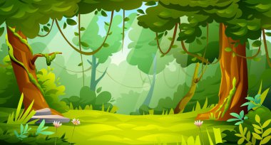 Ağaçlar ve bitkilerle dolu orman manzarası. Vektör çizgi film illüstrasyonu