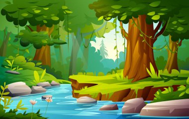 Nehir, ağaçlar ve yemyeşil bitkilerle dolu orman manzarası. Vektör çizgi film illüstrasyonu