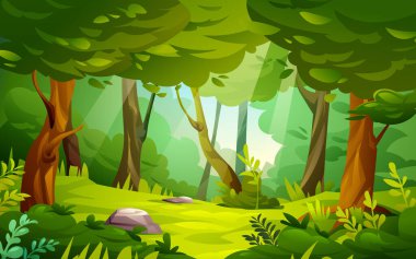 Yaprakların arasından süzülen yapraklar, ağaçlar ve parlak güneş ışığı olan bir orman. Vektör karikatür manzara çizimi