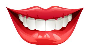 Beyaz dişli, kırmızı dudaklı, gülümseyen ağız, yaklaş, alt dudağı hafifçe ısır. Vektör çizgi film illüstrasyonu