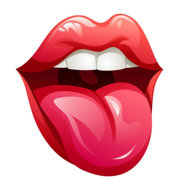 Dili dışarı çıkmış kırmızı dudaklar, şakacı ve küstah bir ifade, beyaz arka planda izole edilmiş. Vektör çizgi film illüstrasyonu