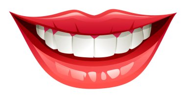 Beyaz dişli, kırmızı dudaklı, gülümseyen ağız, yaklaş. Vektör çizgi film illüstrasyonu