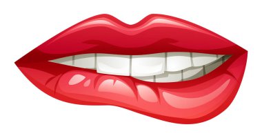 Kırmızı dudakları kapatın, beyaz dişler alt dudağı ısırıyor, neşeli bir ruh hali sergiliyor. Vektör çizgi film illüstrasyonu