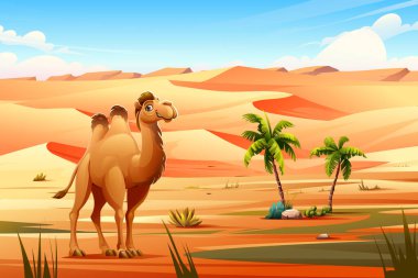 Hurma ağaçları, kum tepeleri ve çeşitli bitkilerle donatılmış bir deve... Vektör çizgi film illüstrasyonu