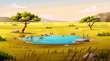 Suyu çevreleyen ağaçlar ve kayalarla savanada sakin bir su birikintisi. Vektör karikatür manzara çizimi