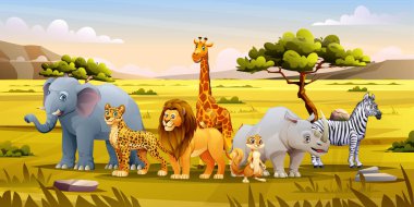 Aralarında fil, aslan, zürafa, zebra, gergedan ve leoparın da bulunduğu bir grup hayvan, açık bir gökyüzünün altındaki ovalarda bir araya gelirler. Vektör çizgi film illüstrasyonu