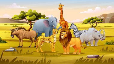 Bir grup hayvan, açık bir gökyüzünün altında zebra, zürafa, aslan ve fil. Vektör çizgi film illüstrasyonu