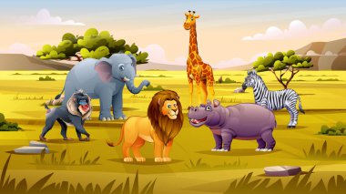 Bir grup hayvan, açık gökyüzünün altında aslan, su aygırı, zürafa ve fil. Vektör çizgi film illüstrasyonu