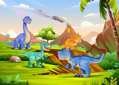 Bir grup dinozor, arka planda patlayan volkanla ve açık gökyüzüyle tepelik bir arazide. Vektör çizgi film illüstrasyonu