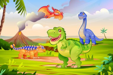 Tarih öncesi verimli bir vadide, volkan ve palmiye ağaçları püsküren sevimli dinozorlar. Vektör çizgi film illüstrasyonu
