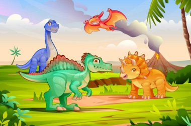 Dinozorlar, orman bitkileriyle bir volkanın yakınında etkileşime giriyorlar. Vektör çizgi film illüstrasyonu