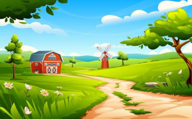 Kırsal tarım arazisi, kırmızı ahır, yel değirmeni, çiçekler ve mavi gökyüzünün altındaki kıvrımlı patika. Vektör çizgi film illüstrasyonu