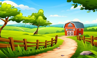 Kırmızı ahır, ahşap çitler ve tepelerde ağaçlar olan büyüleyici bir çiftlik yolu. Vektör karikatür manzara çizimi