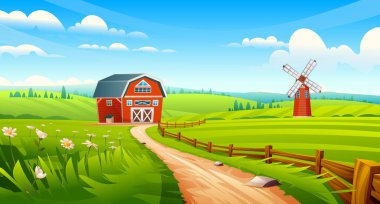 Kırmızı ahır ve yel değirmeni, eğimli toprak patika boyunca çiçekler ve ahşap çitler. Kırsal tarım arazisi. Vektör çizgi film illüstrasyonu