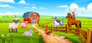 Koyun, domuz, tavşan, tavuk, civciv, inek ve at gibi çiftlik hayvanları ahırlı yeşil bir çayırda. Vektör çizgi film illüstrasyonu